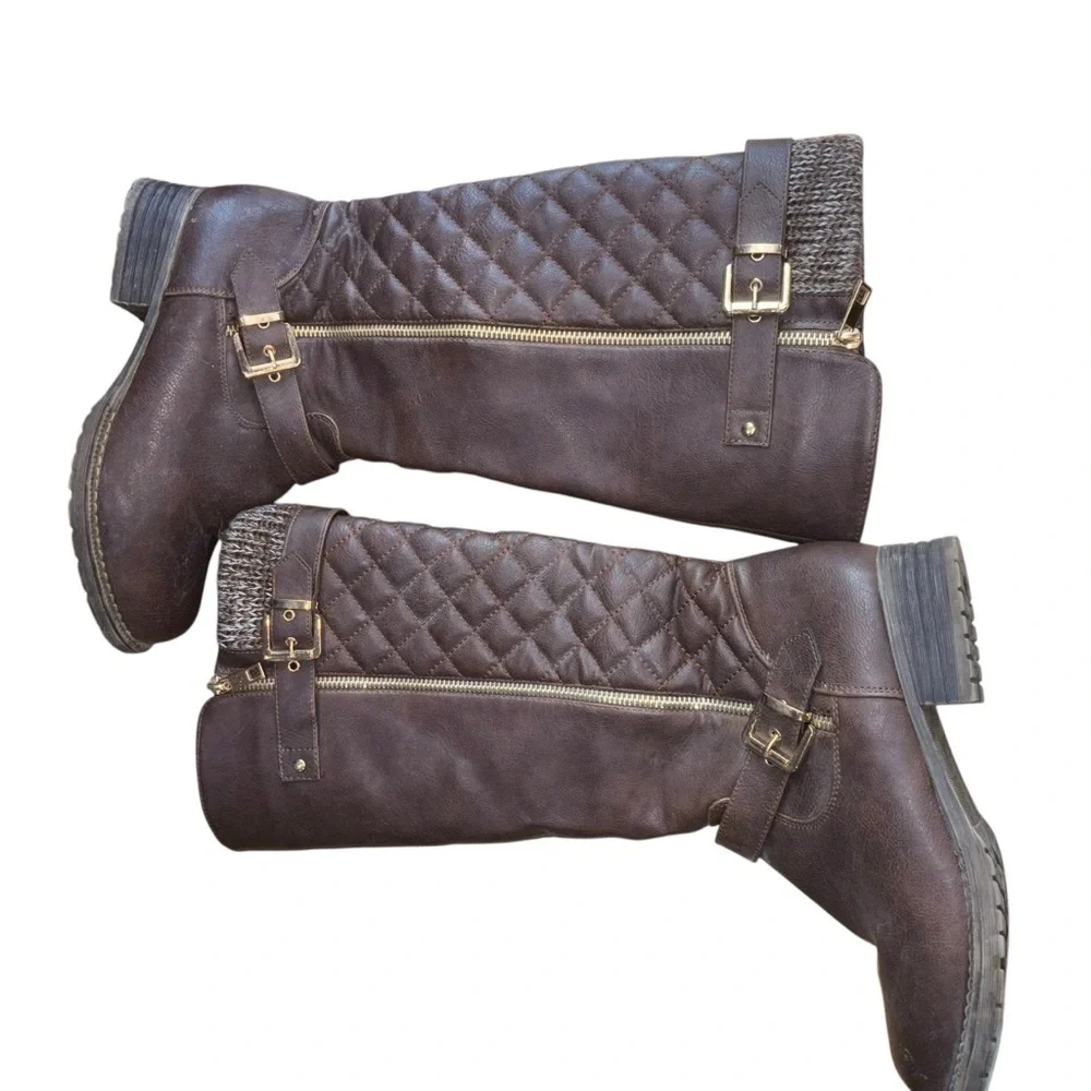 Knee High Brown Quilted Knit Riding Boots Women’s 7.5 Gold Buckle Zipper Accent - Picture 4 of 16